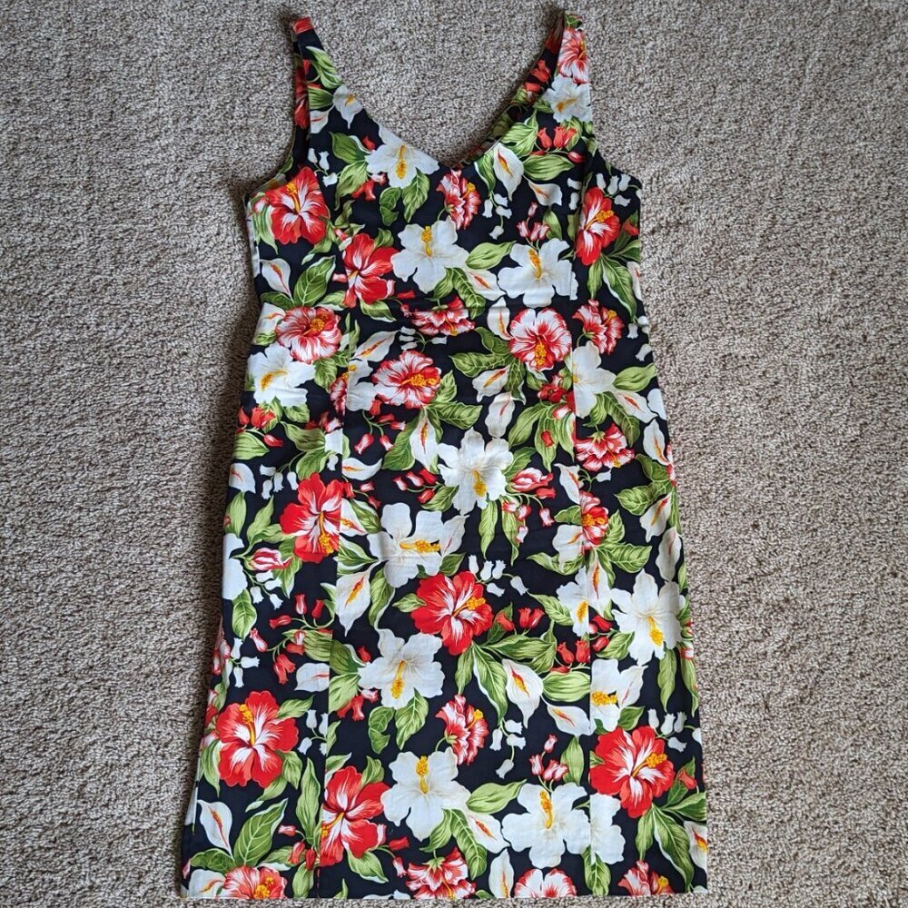 00s VTG Black Floral Bodycon Double V-Neck Dress Hawaiian Vacation Beach Sz 14